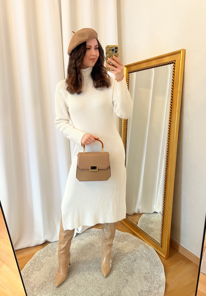 White Turtleneck Sweater Dress Outfit ...